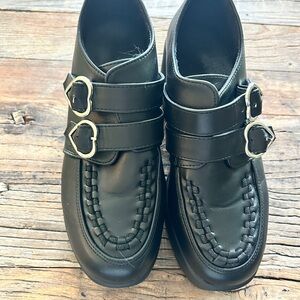 Black Leather Loafers with Heart Buckles